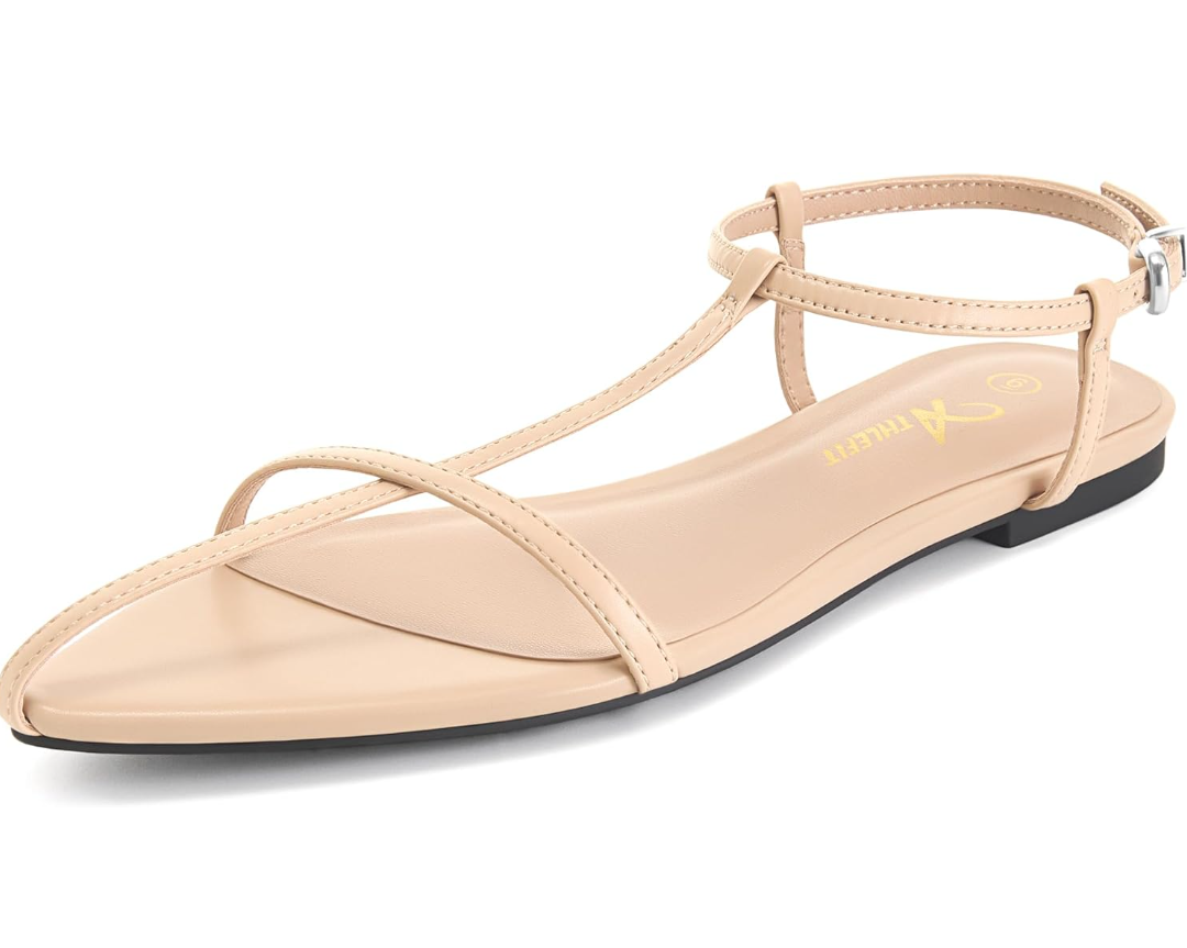Athlefit Flat Sandals for Women Comfortable Buckle Strappy Sandals Pointed Open Toe Ankle Strap Sandals 5.5