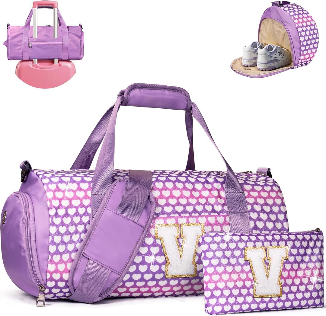 Tween Girl Gifts Trendy Stuff, Girls Travel Duffel Bag, Kids Initial Overnight Bags with Shoe Compartment, Personalized Gym Ballet Dance Bag with Makeup Pouch, Gift for Teenager (Letter V) (Rainbow Purple)