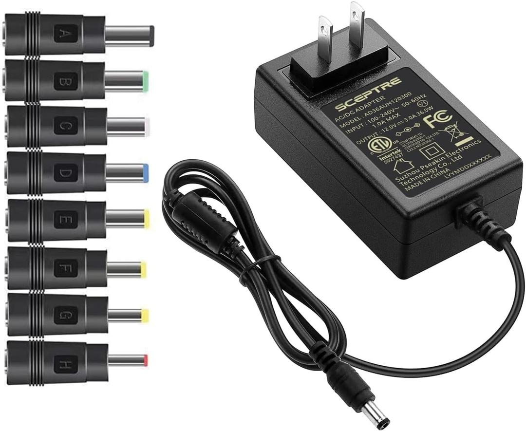 Kado AC/DC Power Adapter 12V-3A 2.5A 2A 1.25A 1A Power Cord 5.5x2.1mm with 8 Tips Made for Sceptre Monitor, Echo Smart Speaker & Display, Webcam, Router, Mini PC, Projector, CCTV, Bluetooth Speaker