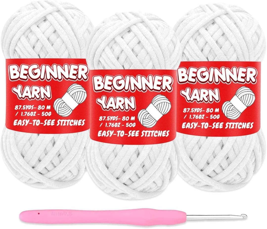 Beginners Crochet Yarn Set - 3x50g Snowy White, Chunky Thick Bulky Cotton Soft for Easy Stitches, Knitting & Crocheting