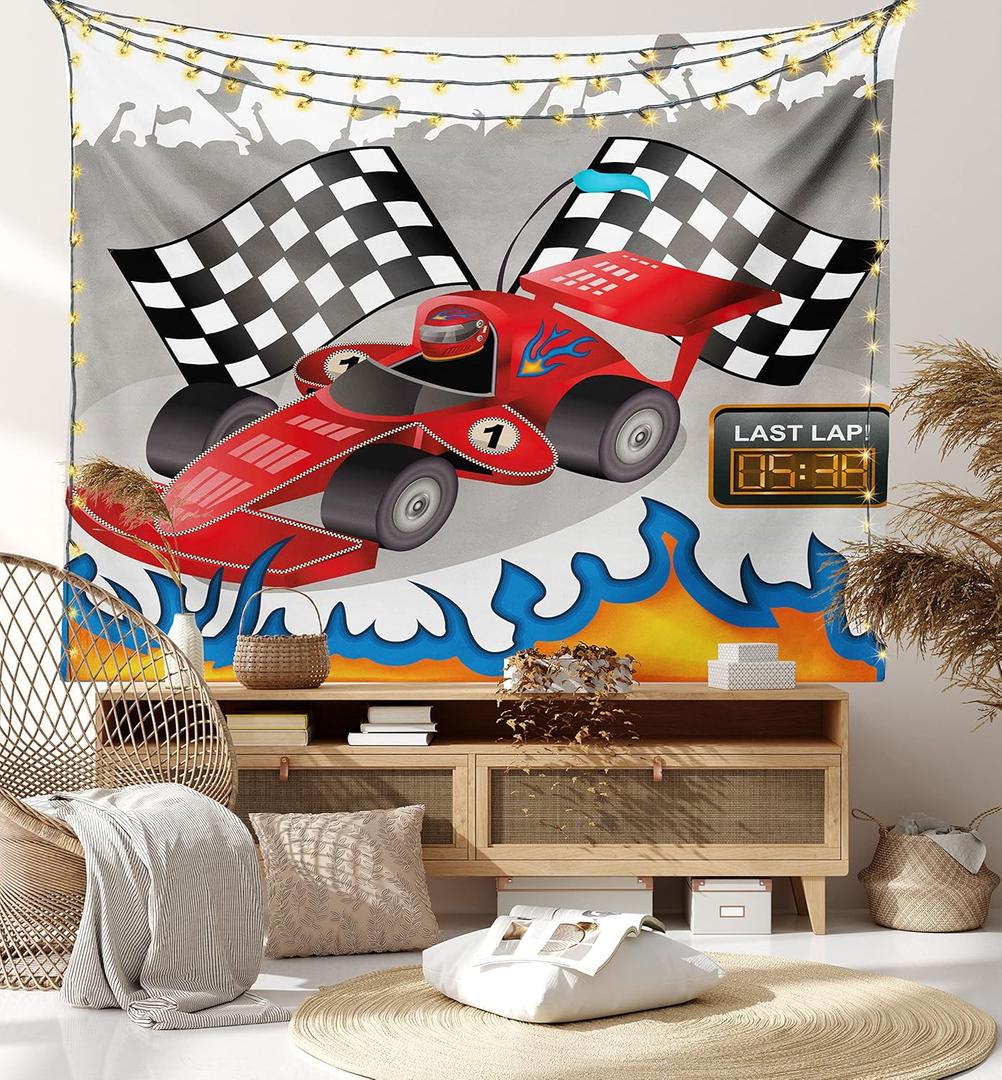Lunarable Cars Tapestry, Race Car Finish Line Flags Pilot Abstract Plain Background Print, Fabric Wall Hanging Decor for Bedroom Living Room Dorm, 45" X 30", Grey Vermilion