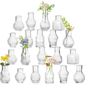 Small Glass Bud Vases Set of 20: Hewory Mini Vase Bulk for Wedding Centerpieces - Tiny Vases for Baby Showers Party Vintage Home Table Decor