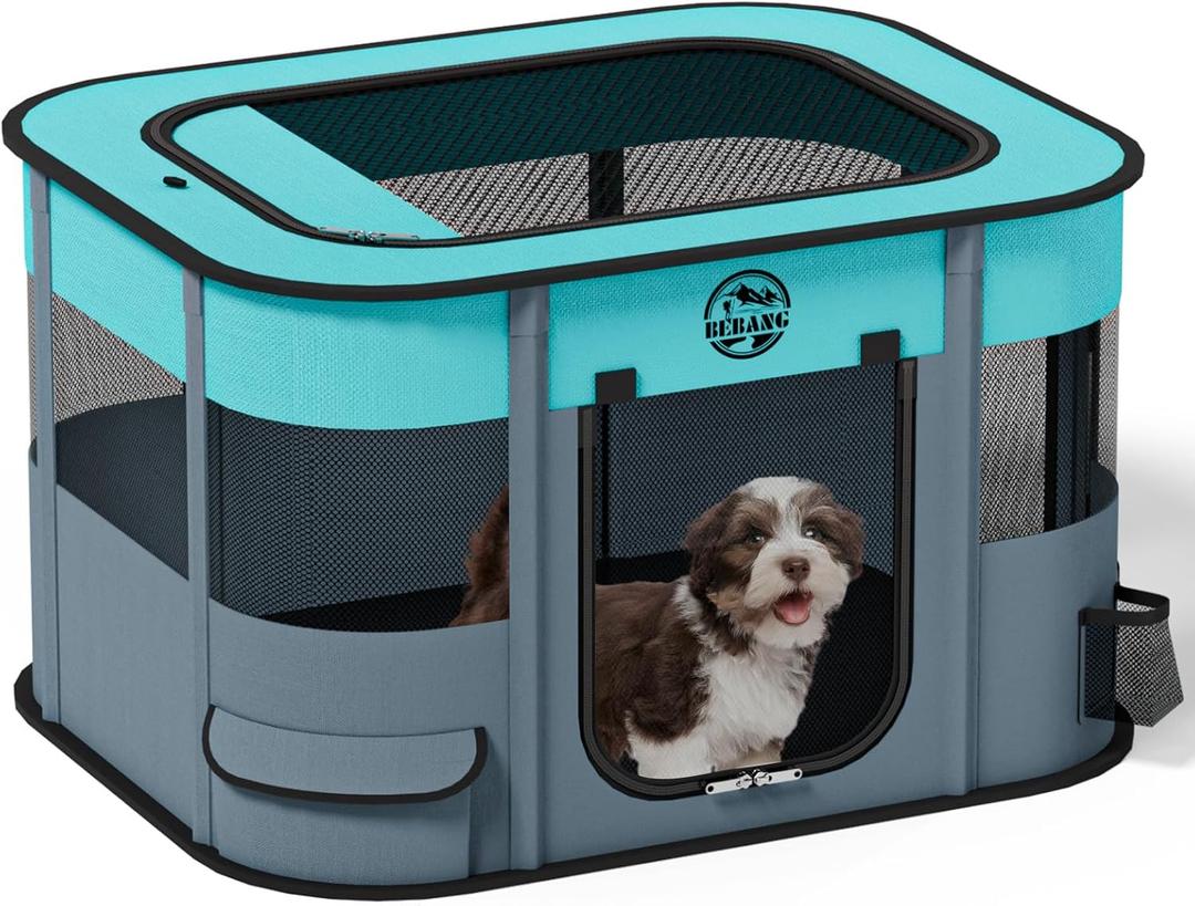Puppy Playpen Cat Dog Crate: Play Pen Indoors Pet Playpens Portable Foldable Cage Kennel House for Medium Small Large Kitten Rabbit Guinea Pig Hamster with Food Bowl (Grey, L, 1)
