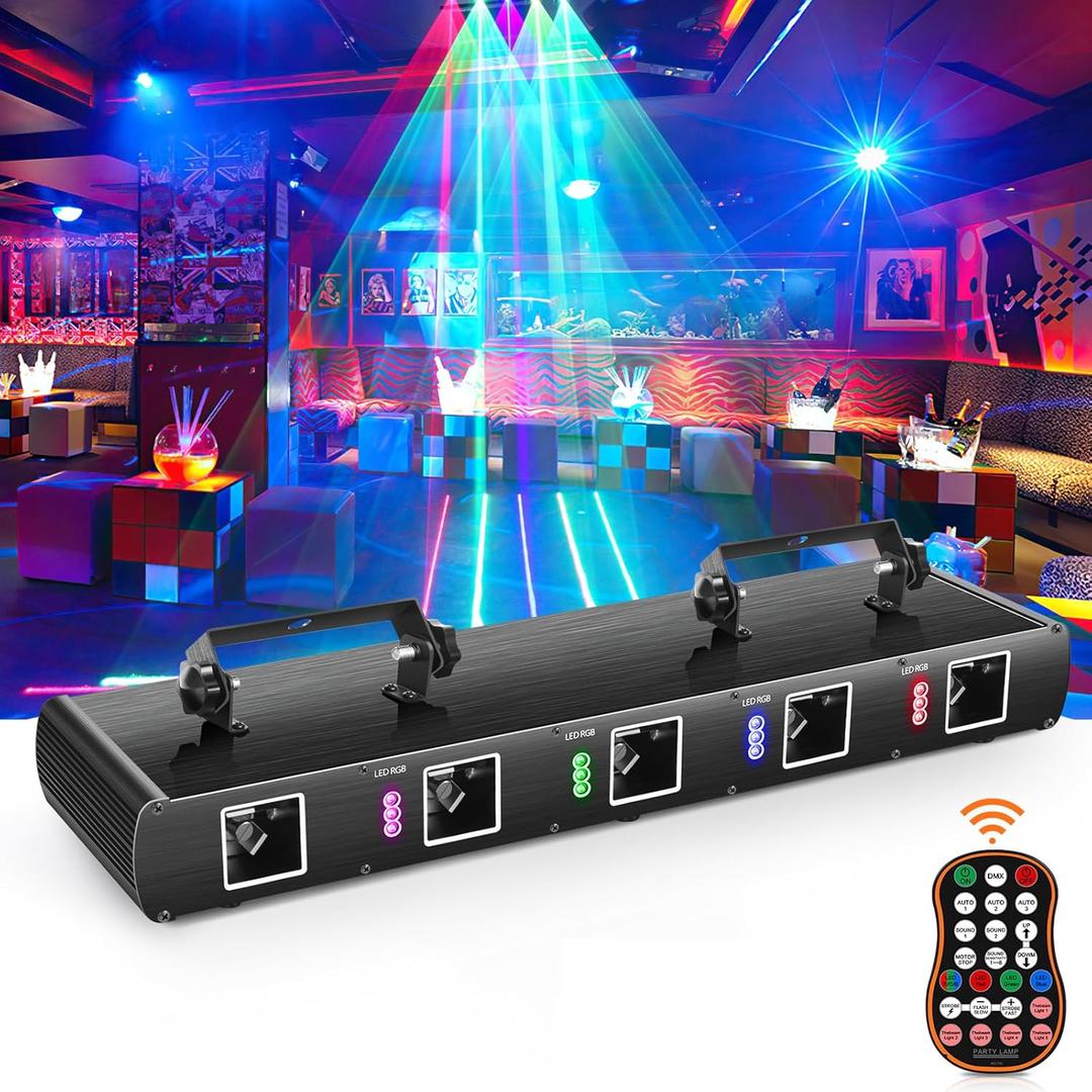 DJ Laser Lights,5 Beam Effect Sound Activated Strobe Laser Light Show with Remote Control Laser Light Projector Party Lights Indoor for Birthday Disco KTV Club Stage DJ Lighting (1, Black)