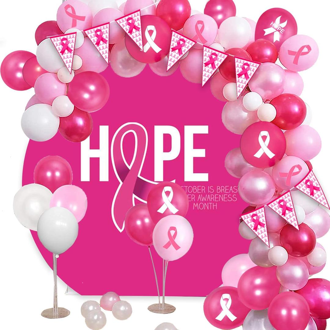 128 Pieces Breast Cancer Awareness Decorations Balloons Arch Kit Includes Latex Balloons with Pink Ribbons Balloons for Pink Ribbon Party Decoration Supplies