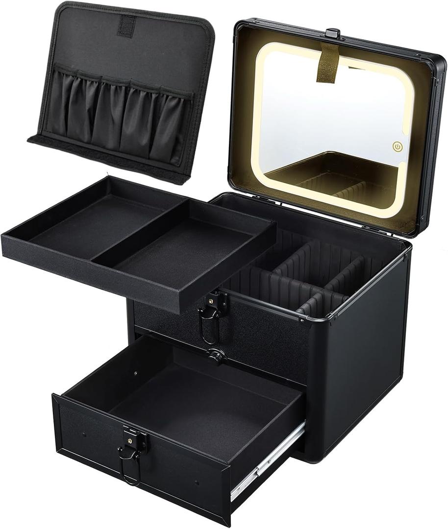 Faquenc Makeup Case with Drawer, Detachable Lighted LED Mirror, Makeup Organizer Box Travel Make up Vanity Case Portable Cosmetic Train Case for MUA Lockable Makeup Suitcase with Adjustable Dividers