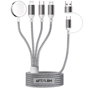 6FT/1.8M iWatch Charger, 4 in 2 USB A/C to iOS Port/Type C/Micro USB/iWatch Charger Nylon-Braided Multi Fast Charging Cable Compatible for iWatch Ultra/SE/1-10/iPhone/iPad/AirPods/Galaxy/Huawei