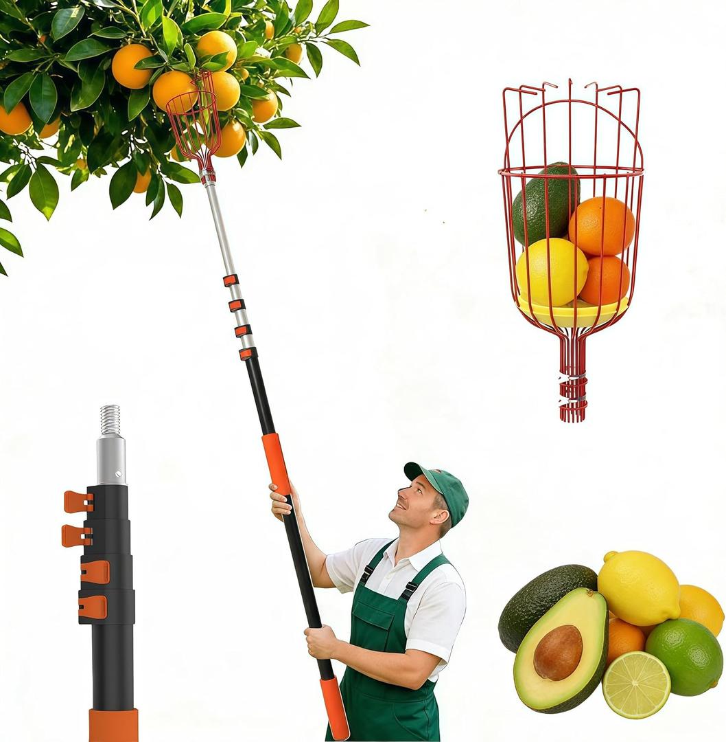 AgiiMan 28 Reach Fruit Picker with Telescopic Extension Pole, 5 to 20 FT Fruit Picker Pole Lightweight and Sturdy Aluminum Telescopic Pole, Easy to Assemble Fruit Picking Basket