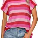 Saodimallsu Womens Striped Short Sleeve Tops Summer Casual Color Block Crew Neck Lightweight Loose Knit Shirts (Small, Red)