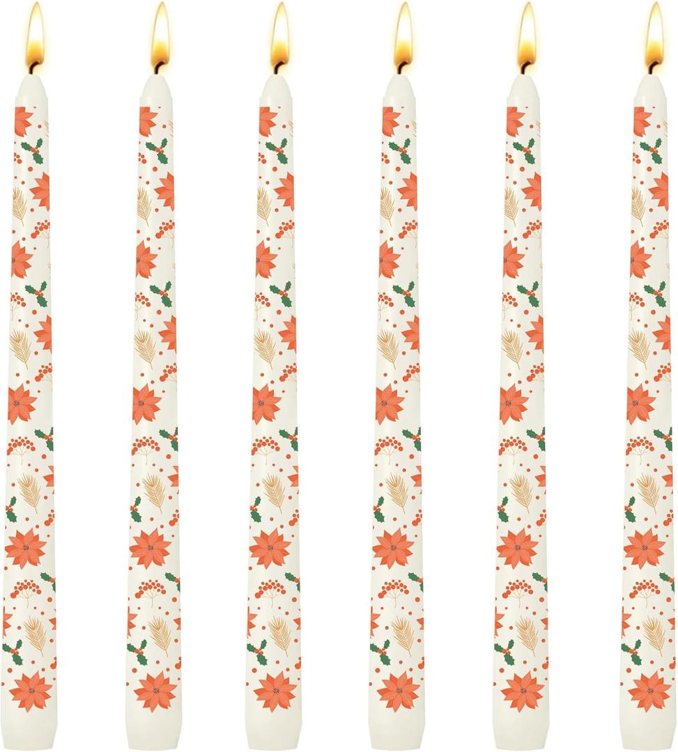 6 Pack Printed Taper Candle Set for Home Decoration, 10 Inch Ivory Candlesticks with Poinsettia Berries and Leaves Pattern for Dinner Holiday Seasonal Celebration, Dripless and Smokeless Candle