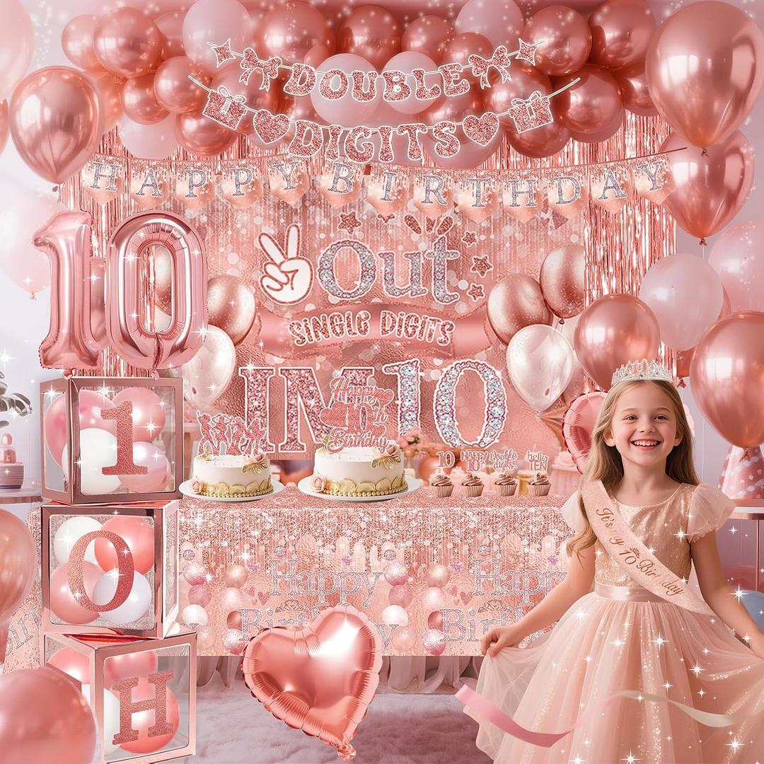 10th Birthday Decorations,Double Digits Bday Decor Peace Out Single Digits Backdrop Banner Glitter Cake Topper Tablecloth Balloons Sash Crown Boxes For Rose Gold 10th Girls Pink Bday Party Supplies