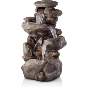 Alpine Corporation | 40" 4-Tier Rock Floor Fountain with Cascading Water & White LED Lights, Tranquil Outdoor Water Feature for Garden, Patio, Yard & Deck, Light Gray