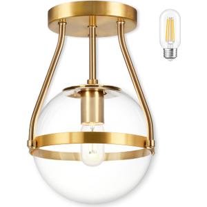 Bagood 8 Inch Mid Century Ceiling Light Modern Gold Semi Flush Mount Ceiling Light with Clear Glass Shade Globe Semi Flush Mount Ceiling Light Fixture for Bedroom Hallway Bathroom Foyer (Bulb Incl.)