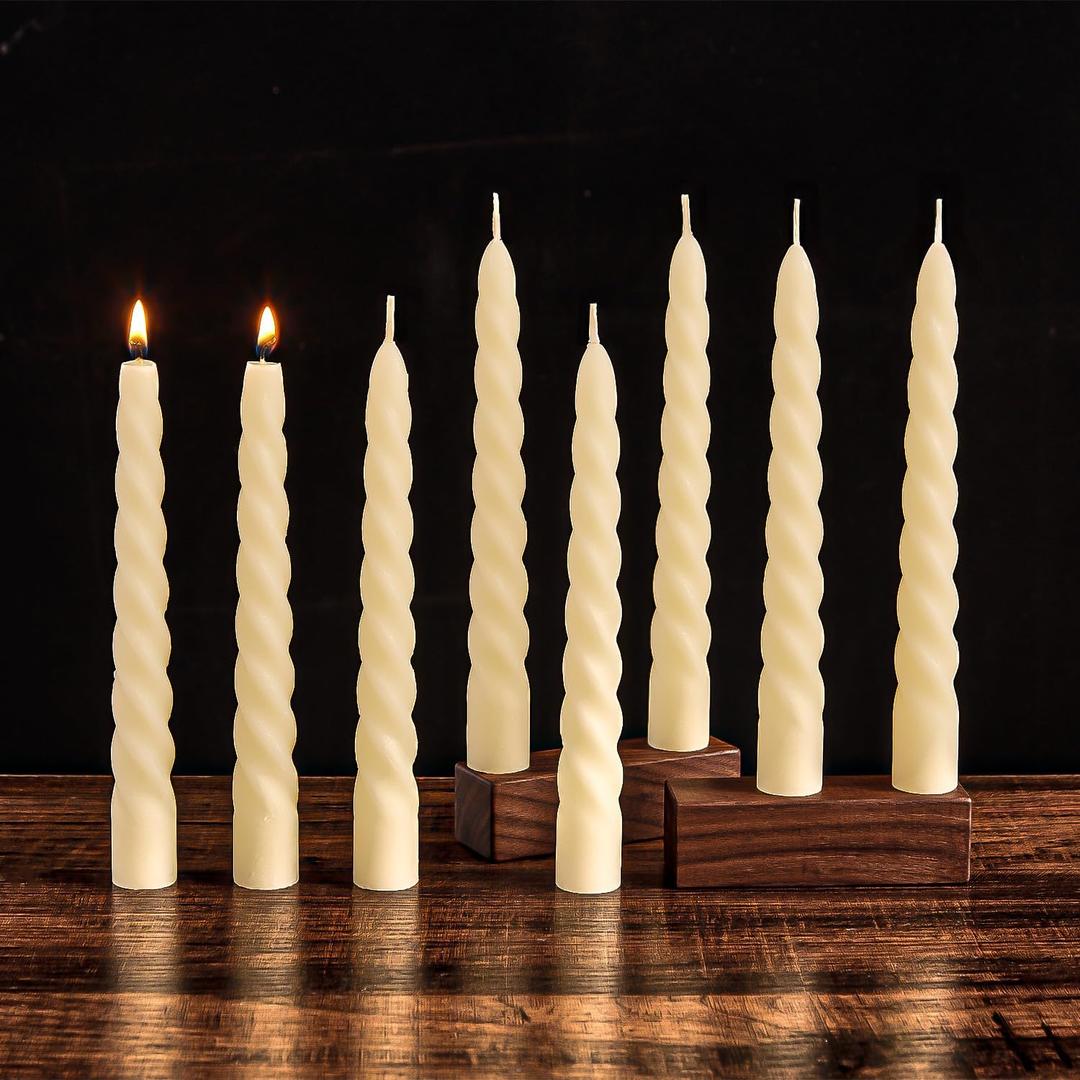 Crenovo Beeswax Taper Candles 8 Pack, 7 Hour Burn Dripless Spiral Unscented Candlesticks 8 Inch, 100% Natural for Wedding Valentine's Day Home Decor, Off White