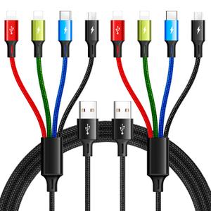 Multi Charging Cable 3.5A Multiple Charger Cable Braided 4 in 1 Multi USB Cable Fast Charging Cord with IP/Type C/Micro Ports for Cell Phones/iPhone Series/Tablets/Samsung Galaxy & More (2Pack 4Ft)