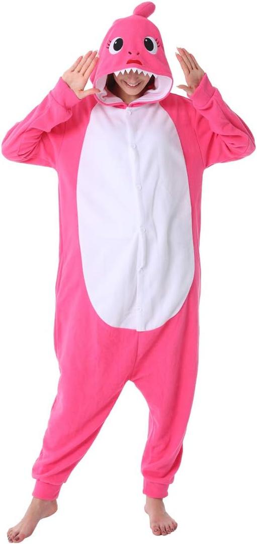 dressfan Cartoon Unisex Animal Grey Shark Costume Pajamas Adult Kids Teen Women Men (Pink, S)