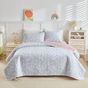 Joyreap 3 Pieces Cotton Quilt Set for Girls, Queen Size Colorful Flowers on Bluish Violet Design, Cozy Lightweight Quilt Bedspread Bed Cover for All Season- 90x90 inches