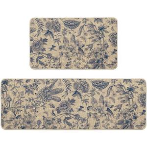 Artoid Mode Blue Floral Flowers Spring Kitchen Mats Set of 2, Home Decor Low-Profile Kitchen Rugs for Floor - 17x29 and 17x47 Inch