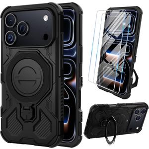 2 x Vaki for iPhone 17 Pro Case with Tempered Glass Screen Protector, Heavy Duty Military Grade Shockproof Protective Cover 360° Ring Magnetic Kickstand Armor Cell Phone Case for iPhone 17 Pro (Black)