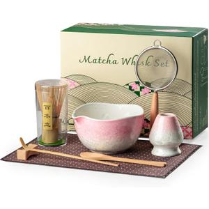 Matcha Whisk Set, Handcrafted Crystalline Glaze Matcha Set, 8 Pcs Matcha Kit Includes Matcha Bowl, Whisk with Holder, Bamboo Scoop & Spoon, Sifter and Tea Towel, Ceremonial Matcha Tea Set (Pink)