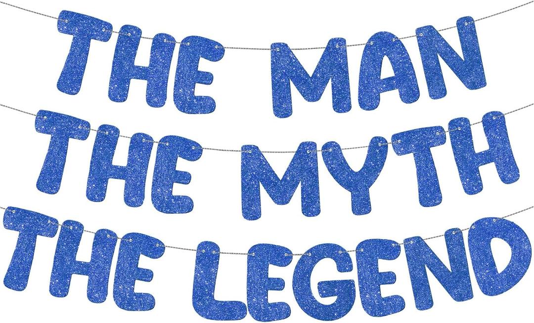 FuWeave Pre Strung The Man The Myth The Legend Glitter Banner Men's Birthday 9.8 ft Banner Birthday Party Decorations Bachelor Party Retirement Party Garland Bunting for Men Gifts (Navy Blue)