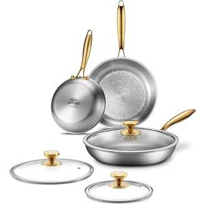Titanium Pans | 8+10+12 Inch Pure Titanium Skillet Set with Lids for Cooking | Hammered Chef-Grade Tagine Design | PFAS/PFOA/PTFE-Free | Induction & Oven-Safe, Dishwasher Safe