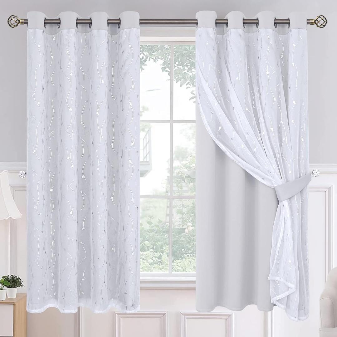 BGment Room Darkening Curtains with Sheer Overlay, Silver Printed Double Layer Curtains for Living Room, Grommet Thermal Insulated Curtains for Bedroom, 2 Panels Each 52 x 63 Inch, Greyish White