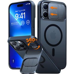 TORRAS for iPhone 16 Pro Max Case with Slide Camera Cover & Rotatable Kickstand, Magnetic Shockproof, Military Grade Drop Protection, Fit for MagSafe, Anti-Scratch Anti-Fingerprint, Translucent Black