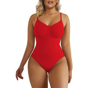 SHAPERX Women's Shapewear Bodysuit Tummy Control Body Shaper Seamless Sculpting Snatched Waist Body Suit (2XL/3XL, 4-red (Thong))