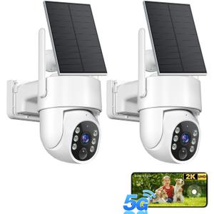 Solar Security Cameras Wireless Outdoor, 5G&2.4GHz WiFi Cameras for Home Security, 2K PTZ Battery Powered Outside Cam, 2 Way Talk, Color Night Vision, Human Detection for Porch/Garage/Yard, 2 Packs (White)