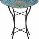 Peaktop Handpainted Mosaic Fusion Glass Solar Birdbath Bowl Feeder with LED Light for Outdoor Patio Garden Backyard Decking, 21 Inch Height, Blue
