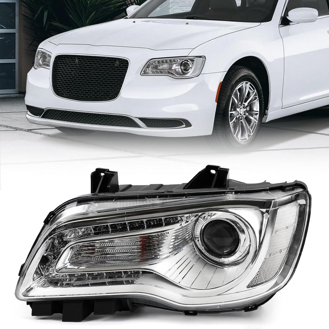 Halogen Headlight Assembly Compatible with Chrysler 300 300C 2015 2016 2017 2018 Headlamp with White Bezel Replacement Left Driver Side LH 68214383AD CH2502269