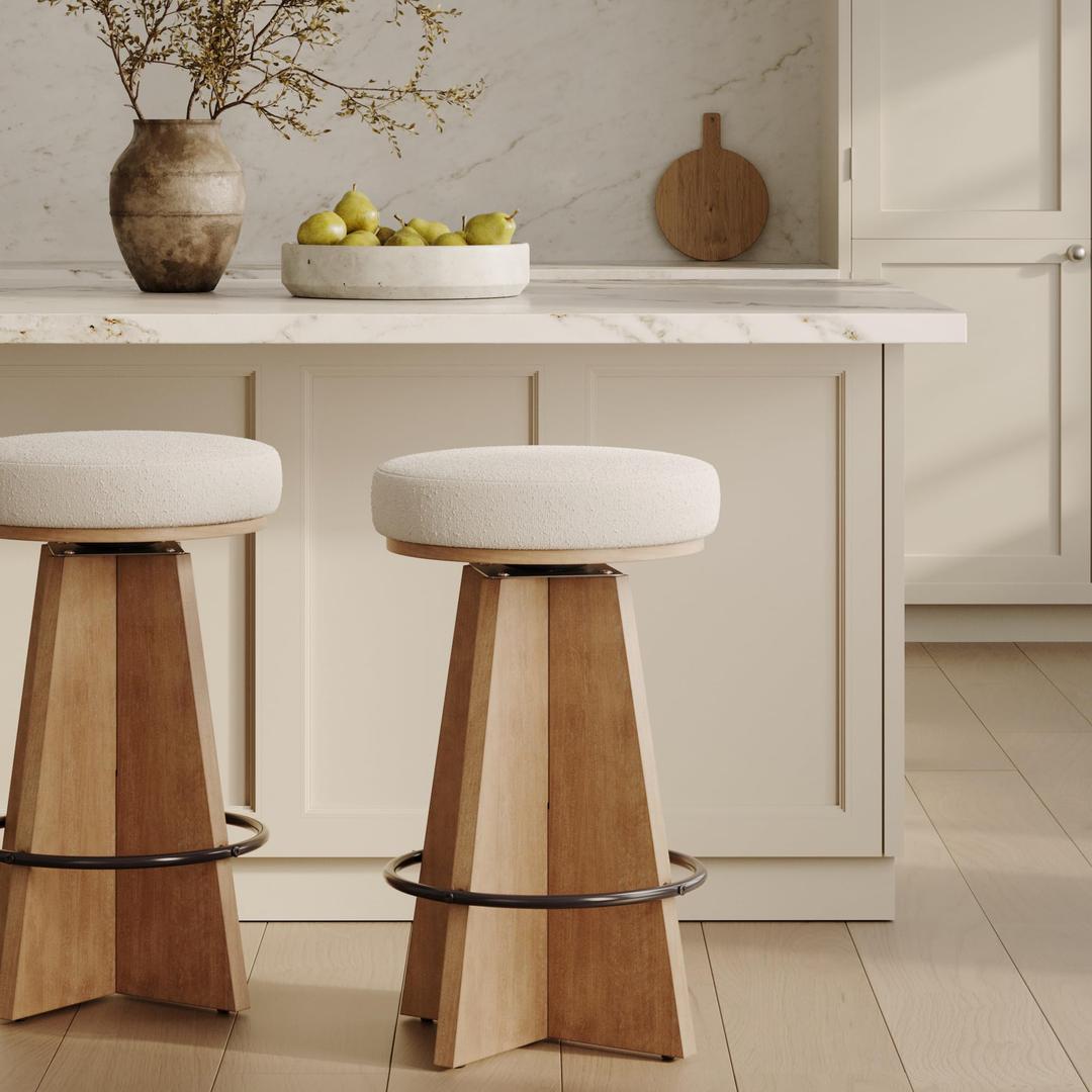 Nathan James Preston Modern Swivel Solid Wood Counter Stool with Boucle Upholstered Seat