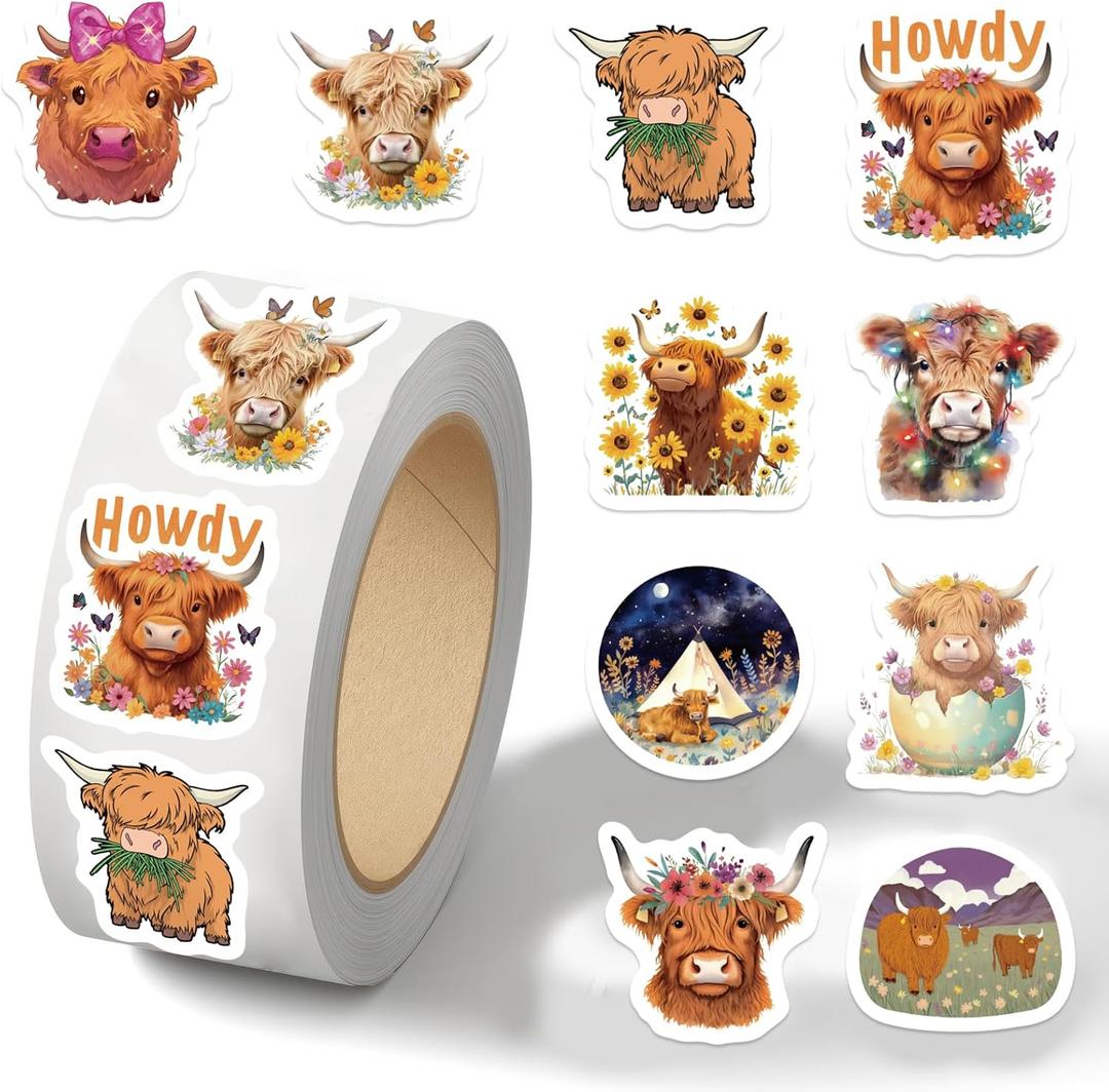 500PCS Highland Cow Stickers Roll 10 Styles Envelope Seals Sticker Cute Animal Stickers Cow Themed Party Favors(500 Per Roll)