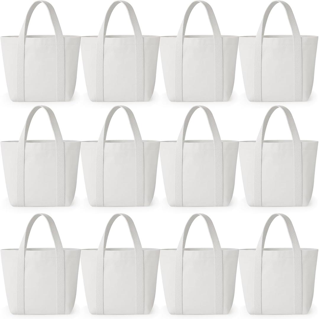 Aliceset 12 Pack Mini Canvas Tote Bags Reusable Mini Gift Bags Tote Bag for DIY (9.8 x 8.3 x 4.3 Inch, White)