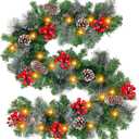 TURNMEON 6 Ft by 10 Inch Prelit Christmas Garland with Timer 30 Warm Lights 8 Pine Cone Snowy Bristle Pine 56 Berry Battery Operated Real Touch Cedar Garland Xmas Home Outdoor Indoor Fireplace Decor