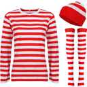 Haysandy Halloween Costume Set Striped Cosplay Shirt Hat Sock for Christmas Party Outfit (Large, Red White)