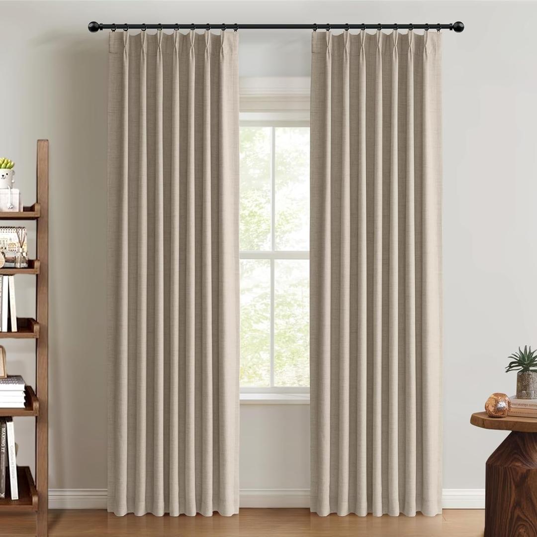 100% Blackout Shield Linen Pinch Pleated Curtains Blackout, Pleated Drapes with Hooks 96 Inch Long 2 Panels Set, Linen Blackout Curtains for Bedroom & Living Room, 40" W x 96" L, Faux Linen