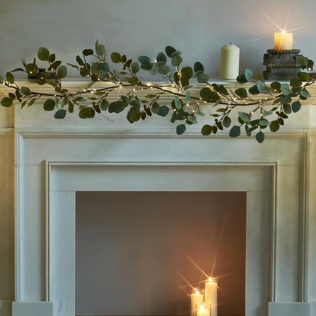 Fudios Lighted Twig Eucalyptus Garland 6FT 96 Warm White LED Battery Operated with Timer for Mantle Fireplace Wedding Party Spring Bedroom Decoration Indoor Outdoor Use, 72 Inches