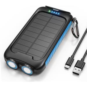 Solar Charger Power Bank, 38800mAh Portable Phone Charger with 1 Type-C & 2 USB-A Ports Built-in Dual LED Flashlight, 15W Fast Charging Waterproof Solar Panel Charger (blue)
