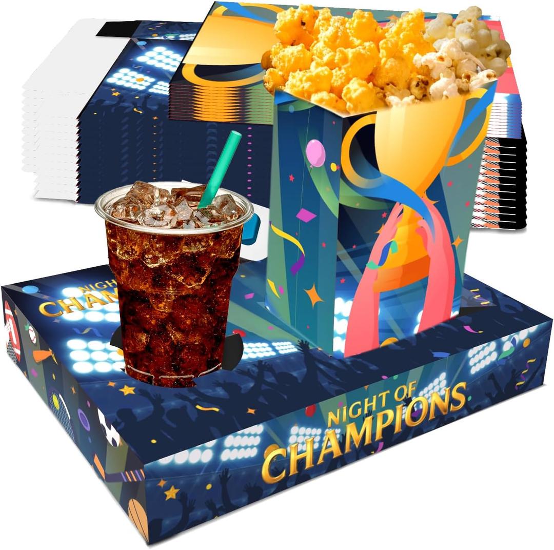 Movie Night Supplies(24pcs)-Neon Style Movie Night Snack Trays*12+Popcorn Buckets*12,Kid's Birthday Party,Game Night,Movie Night Snack Trays with Popcorn Bags. (Champion's Night)