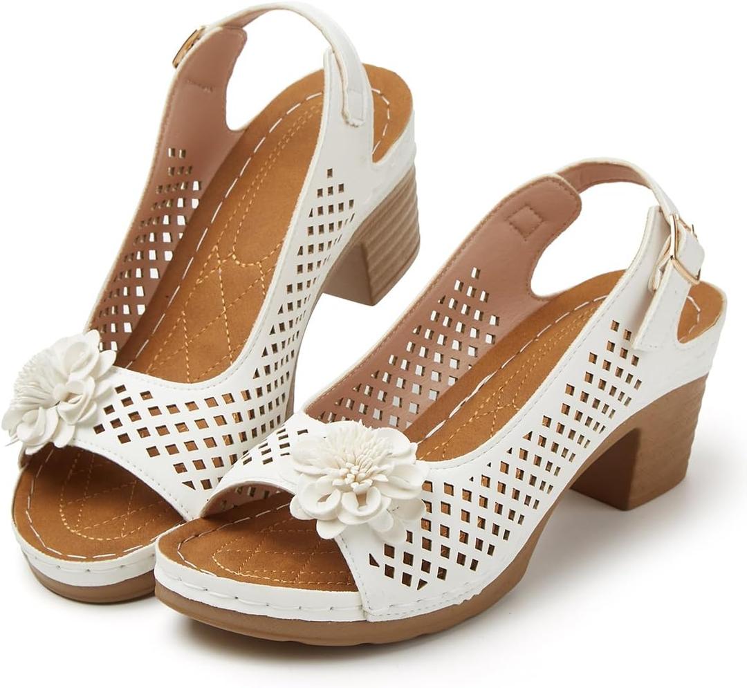 Epsion Women's Platform Heels Block Chunky Sandals Open Toe Ankle Strap Shoes Fashion Dress Summer Beach Sandal 2026 (White)