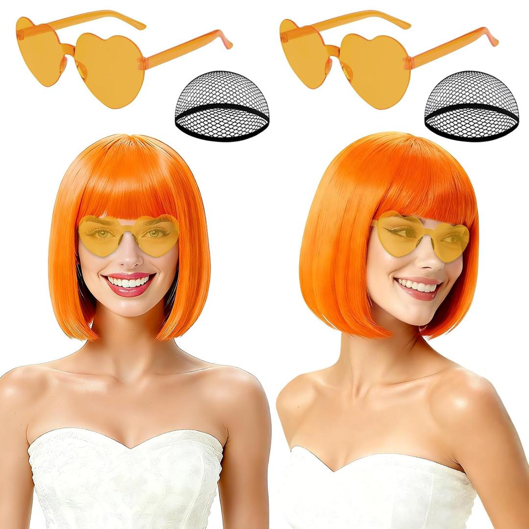 2 Pack Orange Short Bob Wig with Bangs for Women, Girls Neon Bobs Colorful Party Wigs with Heart Sunglasses for Nightclubs Theme Christmas Party Cosplay Daily Fun Carnival Halloween Costume