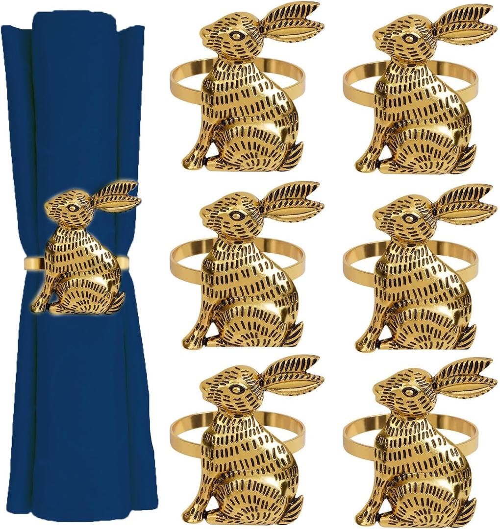 Easter Napkin Rings Set of 6,Metal Gold Rabbit Napkin Holders,Easter Decors Dinner Home Bunny Table Decorations Party Supplies