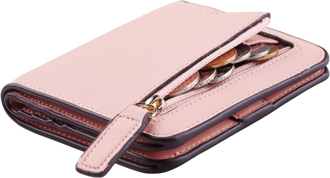 Toughergun Womens Small Slim Leather Wallet with RFID Protection, Compact Bifold Mini Purse with Clear ID Window (Light Pink)