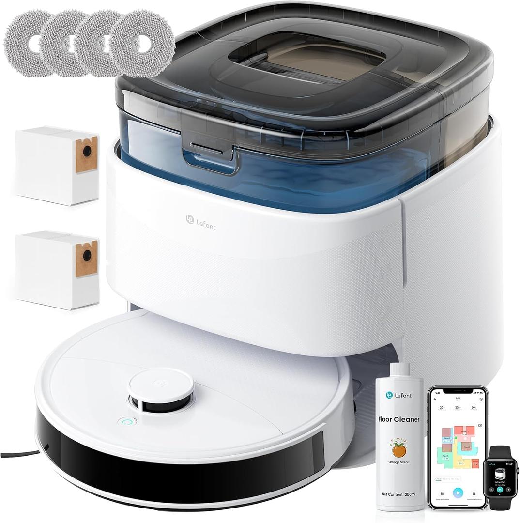 Lefant Robot Vacuum and Mop, 12000Pa Suction, 90-Day Self-Emptying, Obstacle Avoidance, Auto Mop Washing&Drying, All-in-One for Pet Hair Carpet, 5G WiFi Alexa/APP/iWatch Control, M3,Snow White