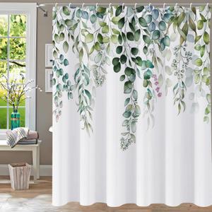 Shower Curtain, Sage Green Shower Curtains for Bathroom Watercolor Plant Shower Curtain Leaves Floral Bathroom Eucalyptus Shower Curtains Waterproof 72x72 Inch with Hooks (Leaf)