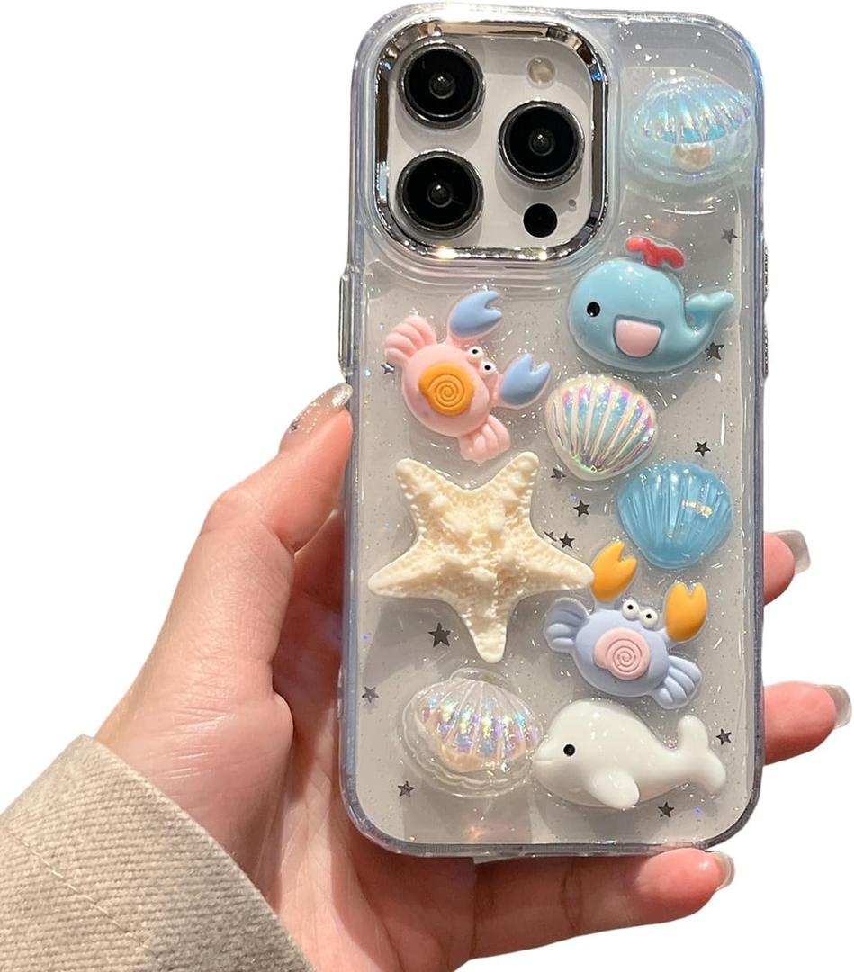 3D Seashell Clear Phone Case for iPhone 16 Pro 6.3",Unique Cute Chic Beachy Pearl Whale Shark Fish Pattern Trendy Funny Summer Coastal Protective Cover for iPhone 16pro 6.3inch