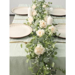 Anna's Whimsy 5.91FT Artificial Eucalyptus Greenery with Flowers, Fake Rose Gypsophila for Wedding Spring Home Party Decor (Champagne)