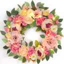 [Lighted & Timer] 22" Spring Summer Wreaths for Front Door Peony Wreath with Lights Pink Silk Flower Hydrangea Rose Green Leaves Floral Wreath for Home Wall Window Wedding Party Indoor Outdoor Decor,
Green Pink White